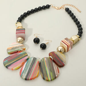 Multicolor Pink Resin Statement Necklace & Earring Set Gold Tone Fashion Jewelry